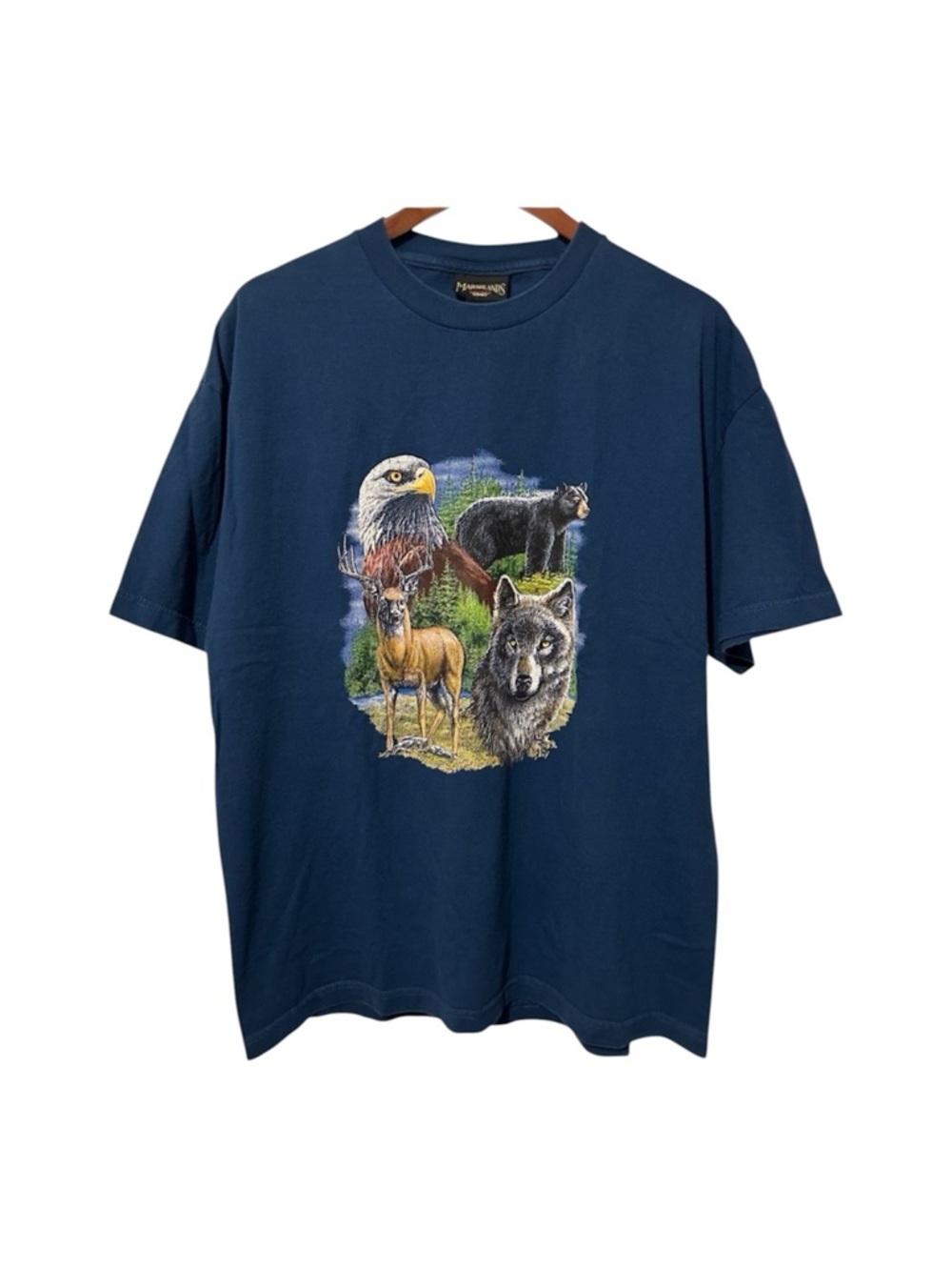 Vintage Marshlands Canada Wildlife Navy Blue T-Shirt Eagle Deer Wolf Bear Nature